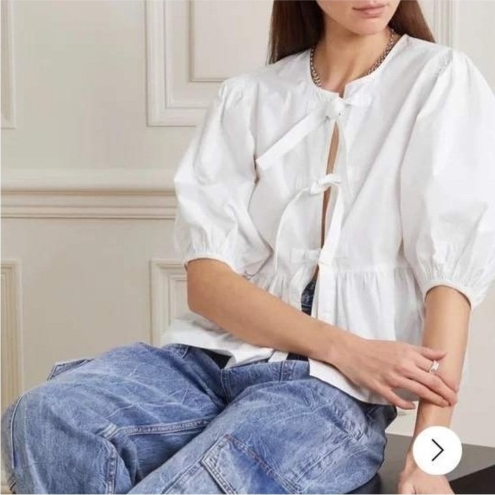 GANNI White Cotton Poplin Peplum Blouse Bow Front Top Puff Sleeve Sz 32 / 0 US